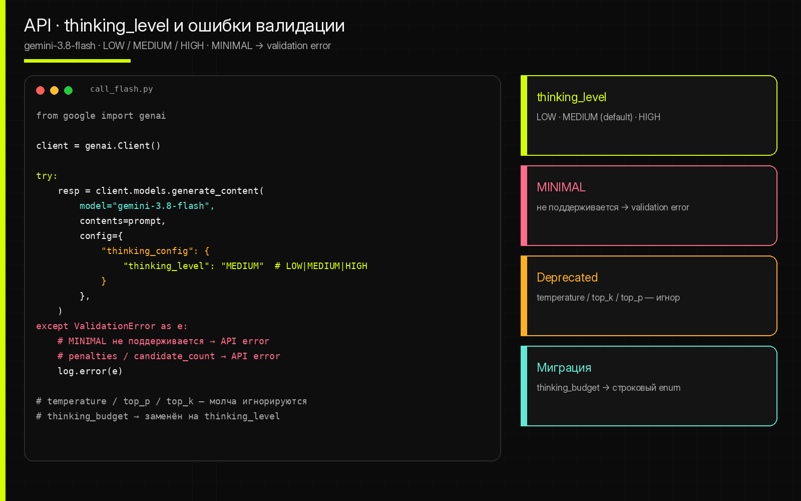 Пример кода API с thinking_level и обработкой ошибок валидации